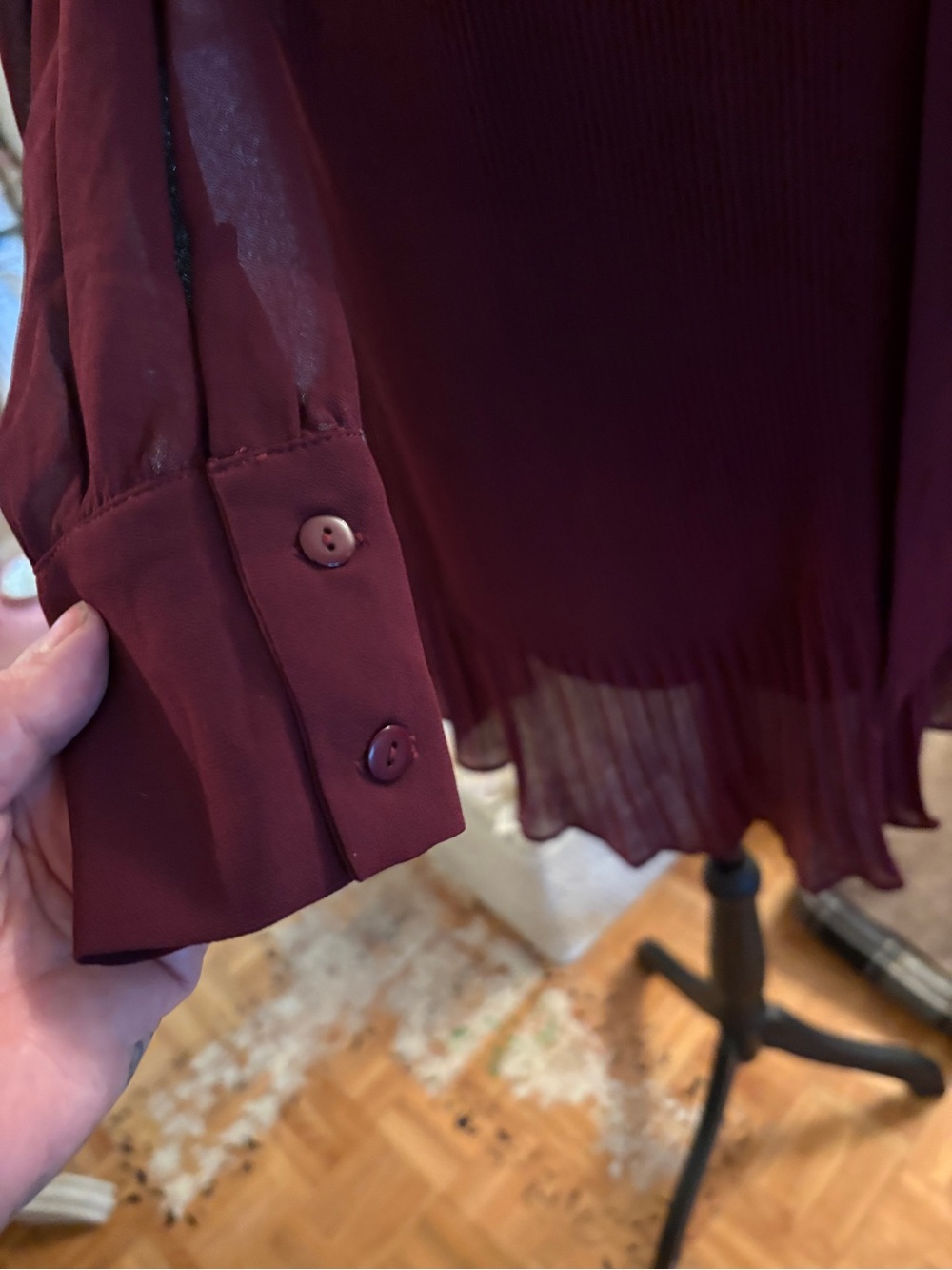 Women's Pleated Long-Sleeve Dress with Neck Tie - Burgundy - Picture 4 of 5